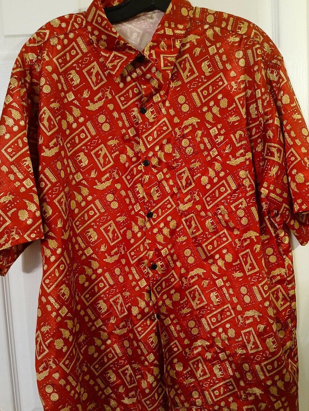 VTG Thai Silk by Apple Men's Short Sleeve Button Down Red Gold Size XL